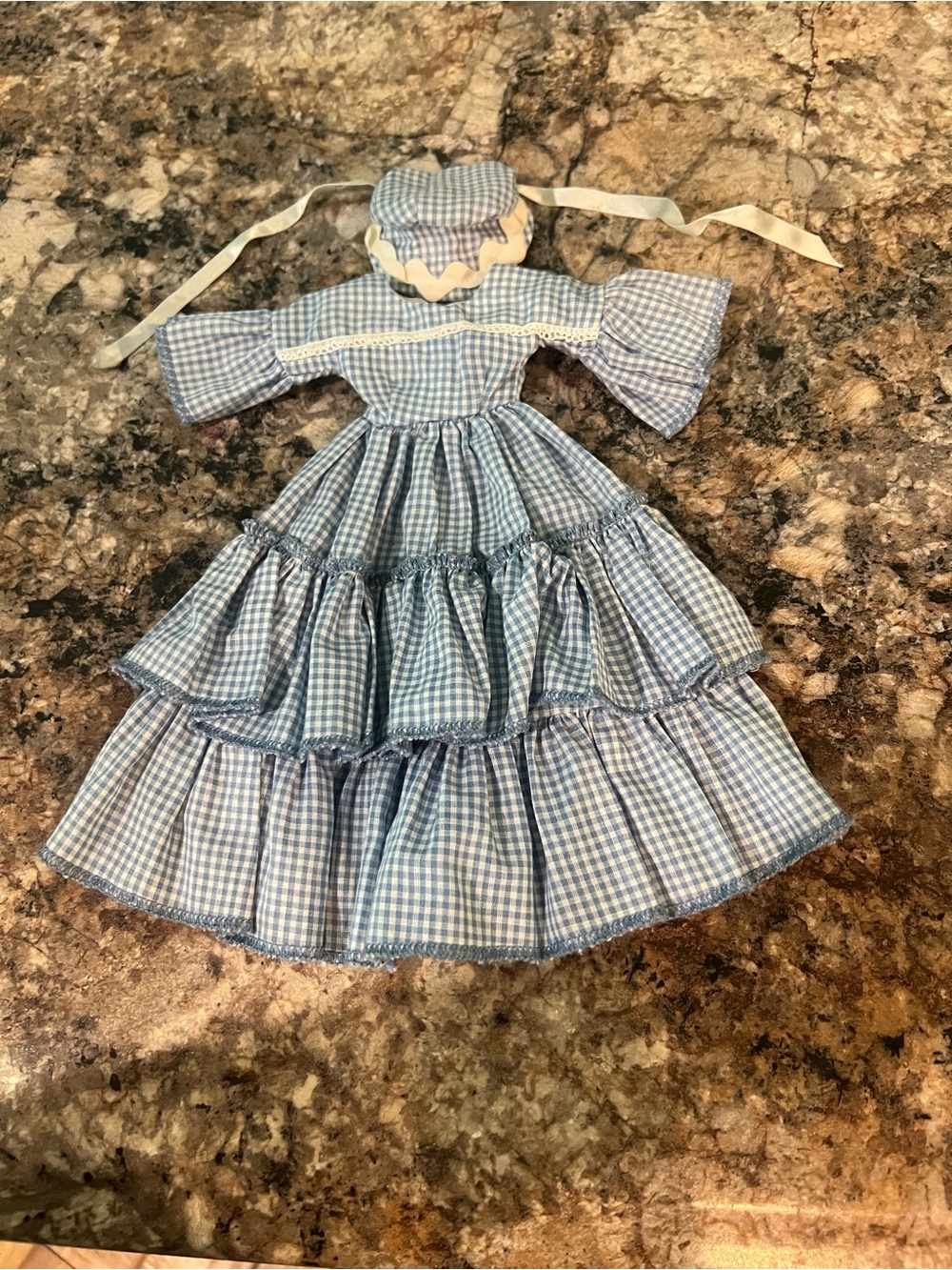 Blue Gingham Tiered Doll Dress with Bonnet